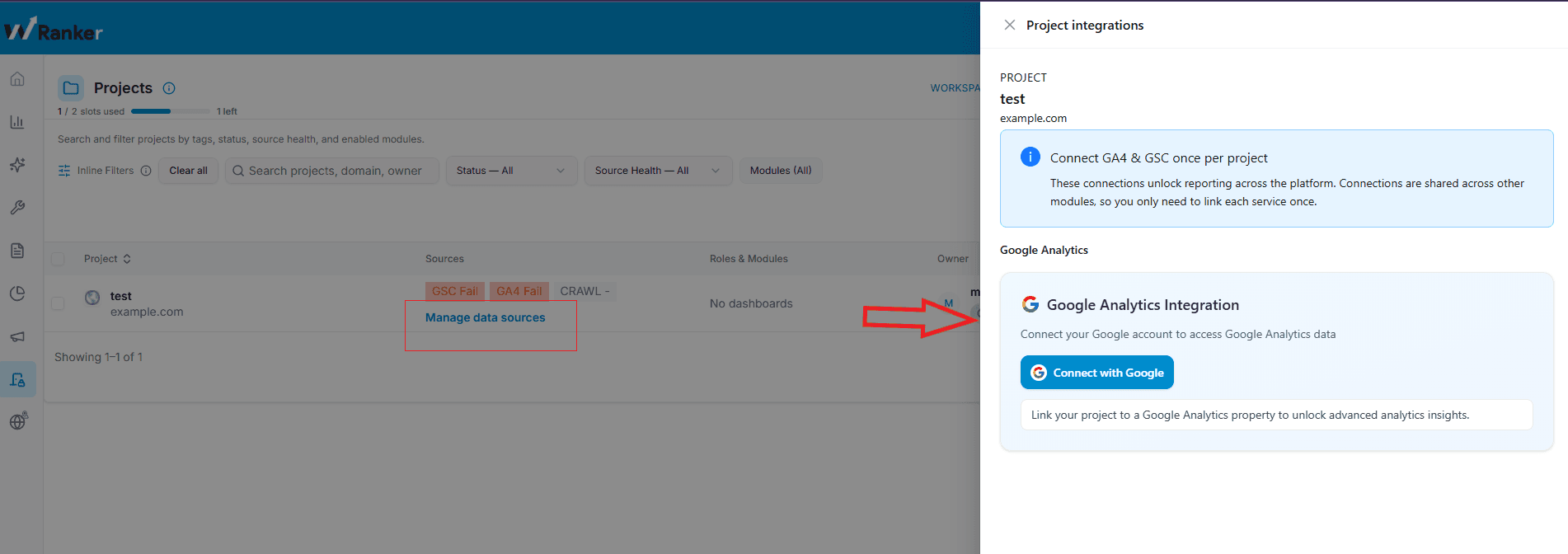 Analytics panel showing the Analytics overview graph and the date-range selector.
