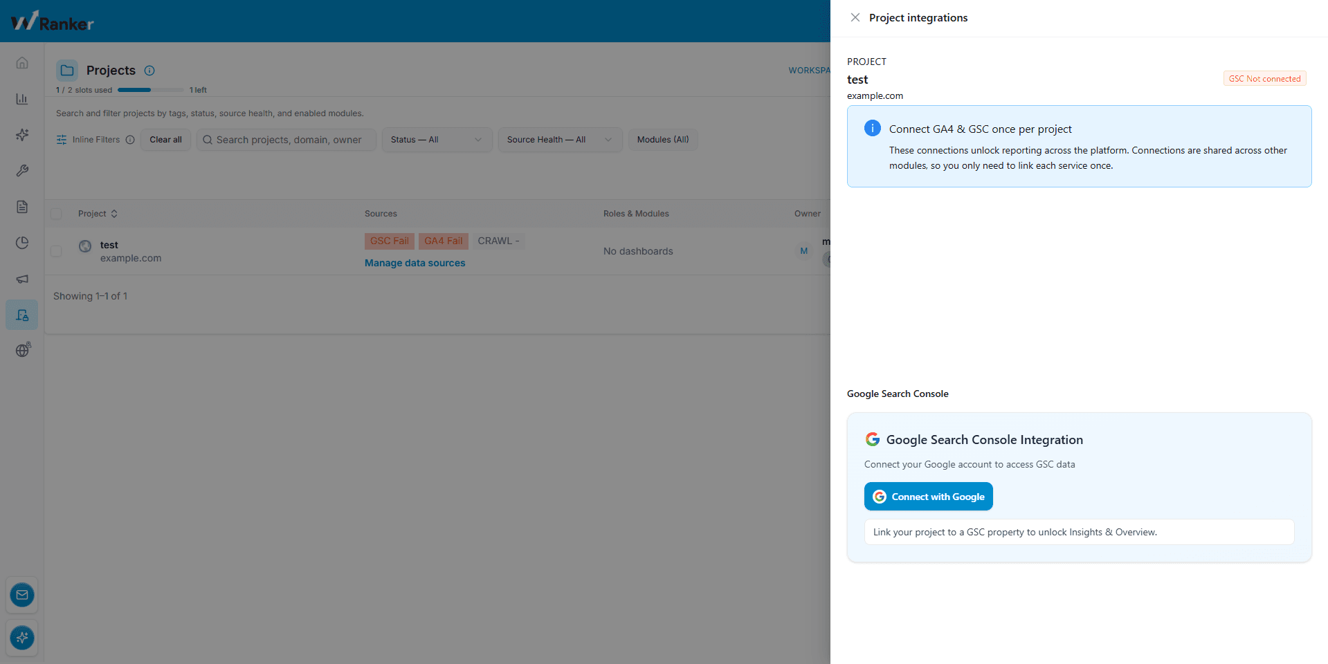 Project Control Center Integrations screen with Google Search Console connection controls.